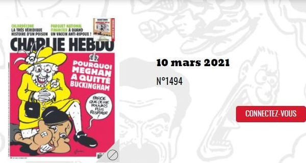 На обложке журнала Charlie Hebdo появилась карикатура на британскую королеву, которая душит Меган Маркл